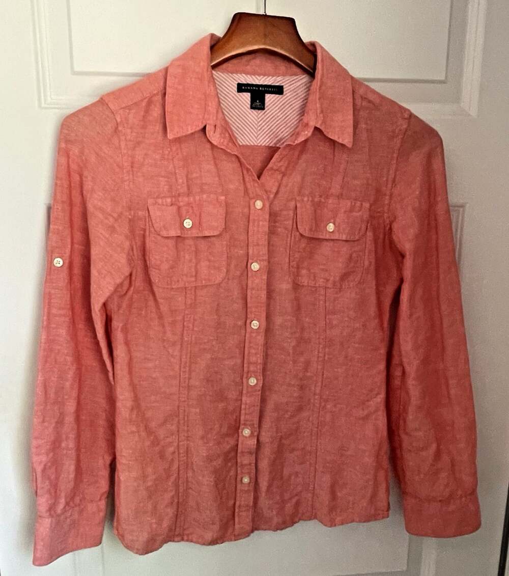 Banana Republic Womens 4 Linen Cotton Roll/Button-Tab Long Sleeve Resort Coastal